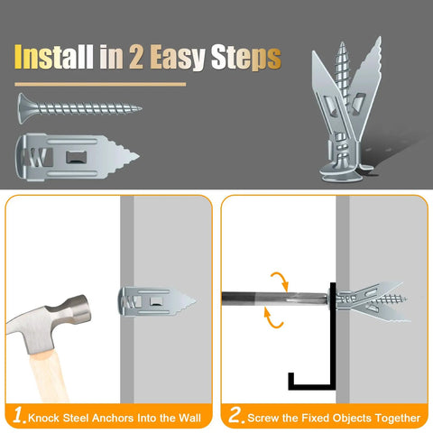Diagram showing installation steps for 180Pcs Self Drilling Drywall Anchors And Screws Kit in sheetrock wall.