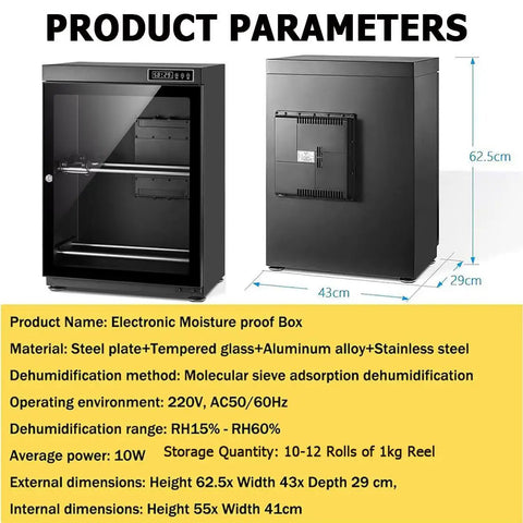 Smart 3D Printer Filament Dry Storage Cabinet Featuring Intelligent Auto Humidity Control and Slick Dehumidifying Design, 62.5cm tall.