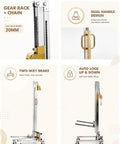 Heavy Duty Manual Lifting Stacker For Easy Cabinet Install And Material Handling With Smooth Rolling Wheels To Move Loads Up To 80kg around workshop, showing gear rack and dual handle design.