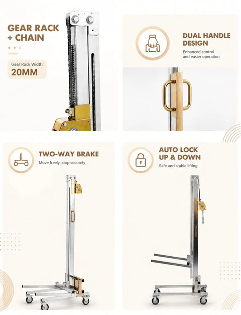 Heavy Duty Manual Lifting Stacker For Easy Cabinet Install And Material Handling With Smooth Rolling Wheels To Move Loads Up To 80kg around workshop, showing gear rack and dual handle design.