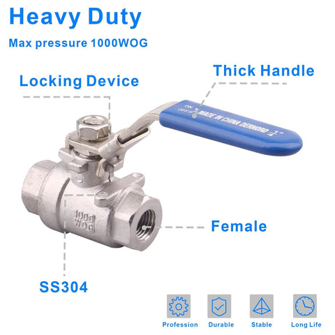 DERNORD stainless steel 304 ball valve with blue locking lever, 1/4 in NPT