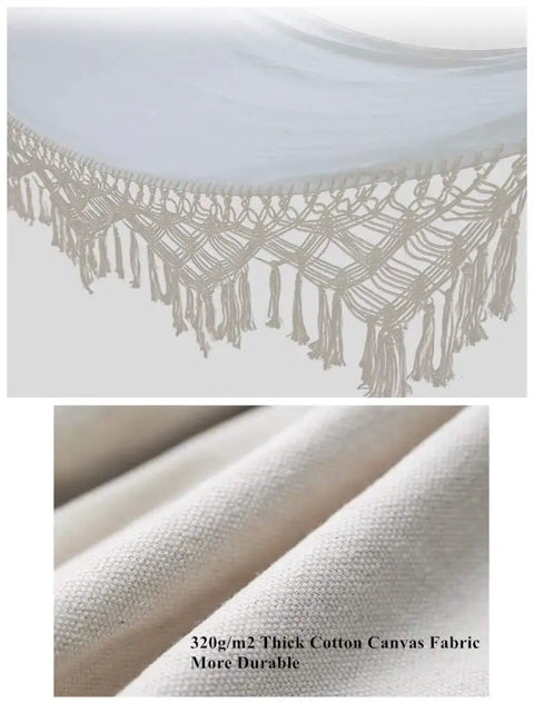 Close-up of fringed edge and cotton fabric of Double Outdoor Cotton Hammock With Fringes For Two Adults Perfect For Beach Or Patio Chill