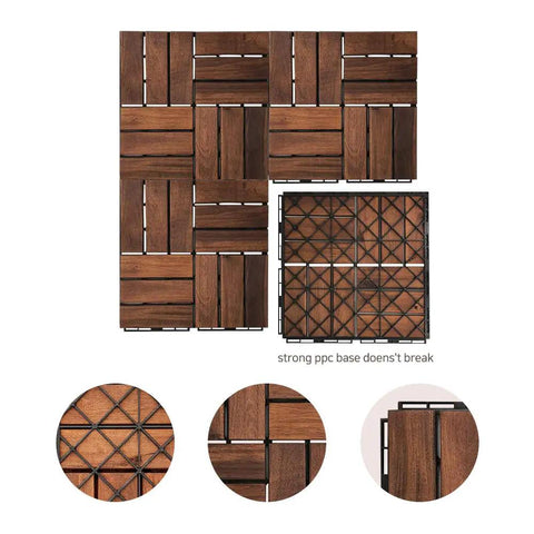 Interlocking Walnut Grid Deck Tiles 12 X 12 Inch 9-Piece Set For Patios showing natural Acacia hardwood and underside design.