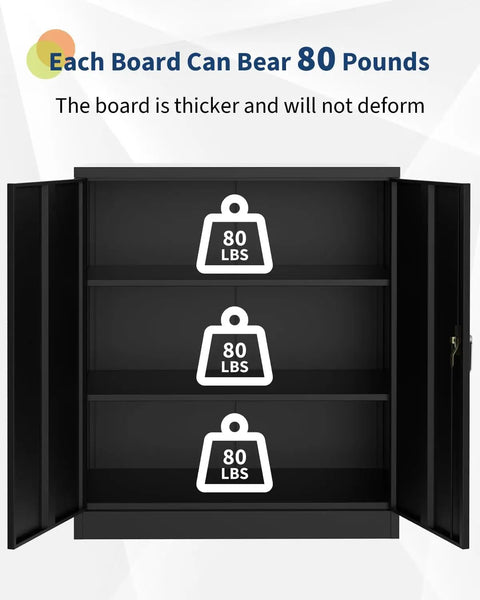 Garage Tool Storage Cabinet With Lock, Built Tough Heavy Duty 35 Inch Steel Cabinet With Two Adjustable Shelves, Rust Resistant Powder Coated Black Tool Organizer For Garage, Workshop Or Office Use showing 80 lbs capacity per shelf