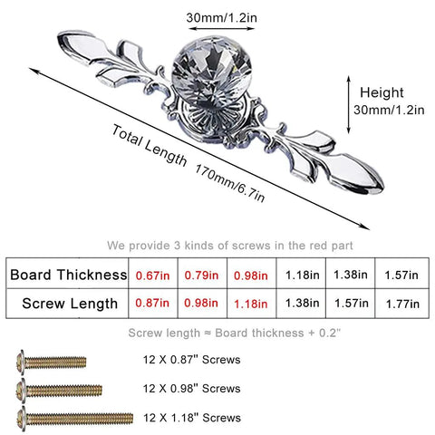 Diagram of 12 Pack Diamond Clear Crystal Glass Cabinet Knob Set With Plate And Screws, large silver drawer knob dimensions and screw details