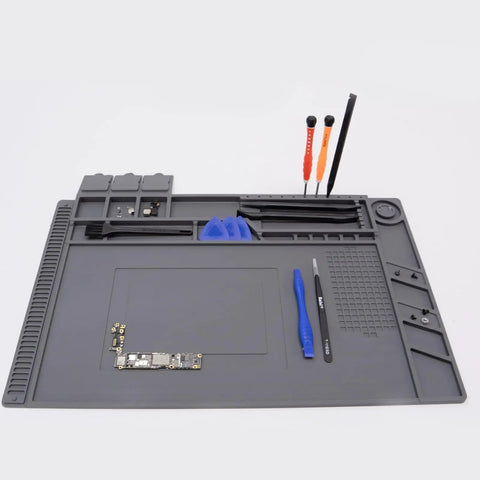 Magnetic Repair Work Mat For Soldering And Electronics Premium Silicone Soldering Mat That Works Like A Champ On Your Workbench Up To 932F Ideal For Soldering Iron BGA Computer And Phone Repair Grey 17.72 By 11.81 Inches with tools and components display.