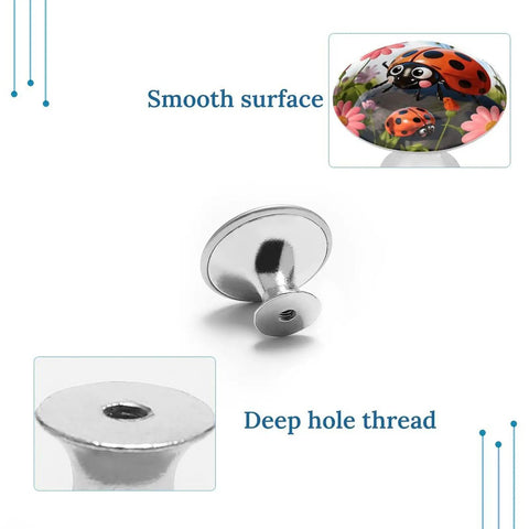 Heavy Duty Round Cabinet Knobs With Ladybug Flower Design In Top Shelf Stainless Steel showing smooth surface and deep hole thread.