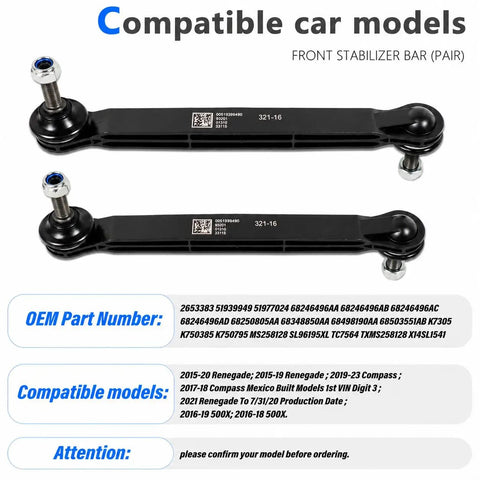 Beefed-Up Sway Bar Link Kit For Jeep Renegade 2015-2021 500X 2016-2019 And Compass 2017-2022 Front And Rear Stabilizer Replacement Links Replaces 68246496AA, pair of black PA-66 front links