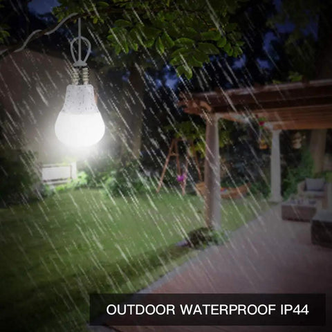 Off Grid Solar Light With Dual LED Bulbs And Solar Panel Pendant in outdoor rain demonstrating IP44 waterproof feature