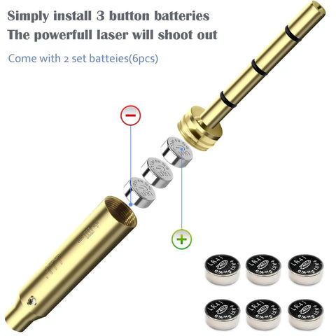 Red Laser Boresighter For 177 Cal Bore Sight Laser For Hunting showing battery installation and extra batteries