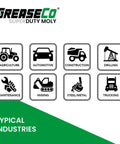 GreaseCo Super Duty Moly grease applications in agriculture, automotive, construction, drilling, maintenance, mining, steel, metal, trucking.
