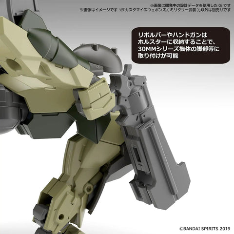 Close-up of 30 Minute Missions Customizable Military Weapons Kit with holster attachment on model's leg.
