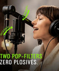 Woman using Studio Quality Condenser Microphone Kit For Home Recording With XLR, all-metal build, pop filter, and shock mount