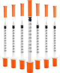 120 Pack U-100 Disposable Syringes 30G 5/16 Inch 1ml Syringes Individually Wrapped With Leak-Proof Design And Clear Measurement Markings For Precise Lab Use, orange cap view