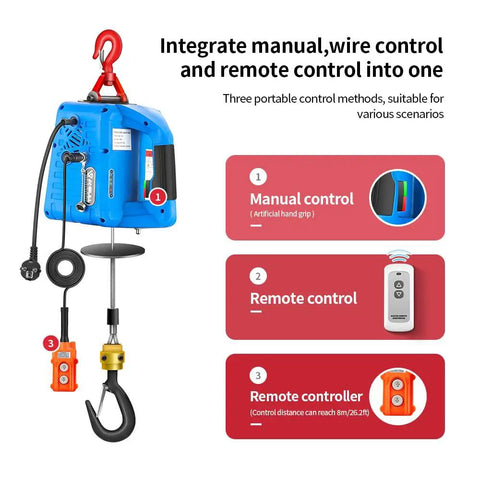 Upgraded 3 In 1 Electric Hoist Winch With 1100Lbs Capacity And 110V Power featuring manual, wired, and remote control options.