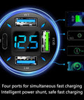 Close-up of 66W Fast Car Charger With PD And QC 3.0 Volt Meter And LED Lights, featuring four ports and digital display.