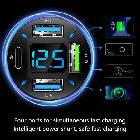 Close-up of 66W Fast Car Charger With PD And QC 3.0 Volt Meter And LED Lights, featuring four ports and digital display.