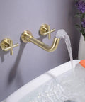 Dope Brushed Gold Wall Mount Bathroom Faucet With Concealed Vessel Sink, Dual Cross Handles, Brass Rough-In Valve in use