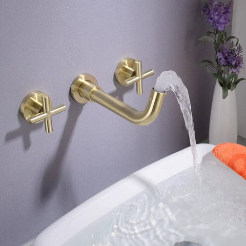 Dope Brushed Gold Wall Mount Bathroom Faucet With Concealed Vessel Sink, Dual Cross Handles, Brass Rough-In Valve in use