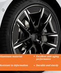 Heavy Duty American Flag Wheel Hub Center Caps 4 Pack, Rustproof Aluminum 2.2 Inch Rim Covers, showing a stylish wheel with black accents.