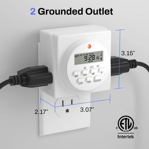 Dual Outlet Indoor Digital Timer For Lamps And Fans, 7 Day Programmable Plug In Timer With 8 On Off Programs Per Outlet, ETL Listed