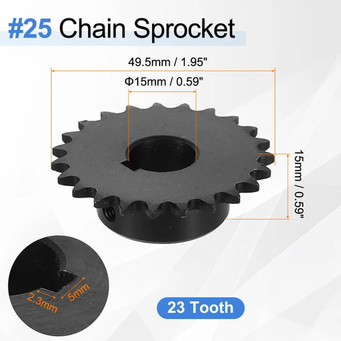 Two Pack Rugged Twenty Five Chain Roller Sprockets Set With Twenty Three Teeth Fifteen Millimeter Bore Quarter Inch Pitch C45 Carbon Steel