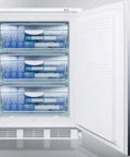 Heavy Hitter Upright Freezer In Slick Stainless Steel With Deep Freeze Capability And Integrated Security Lock Crafted For Cramped Corners And No Fuss Daily Storage open door showing organized storage bins.