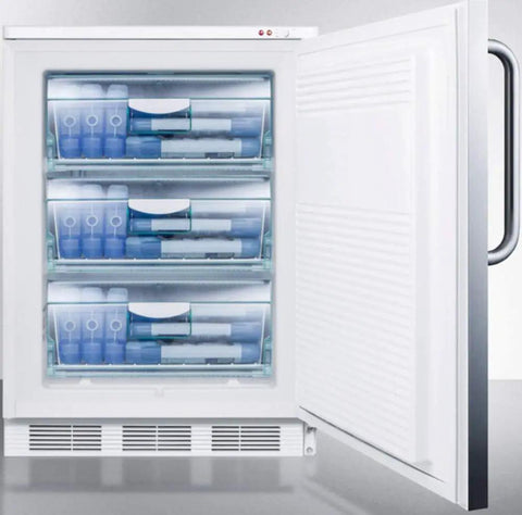 Heavy Hitter Upright Freezer In Slick Stainless Steel With Deep Freeze Capability And Integrated Security Lock Crafted For Cramped Corners And No Fuss Daily Storage open door showing organized storage bins.