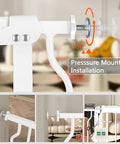 Wide Baby Gate For Doorways And Stairs With Pressure Mounted Extension illustrating installation setup indoors.