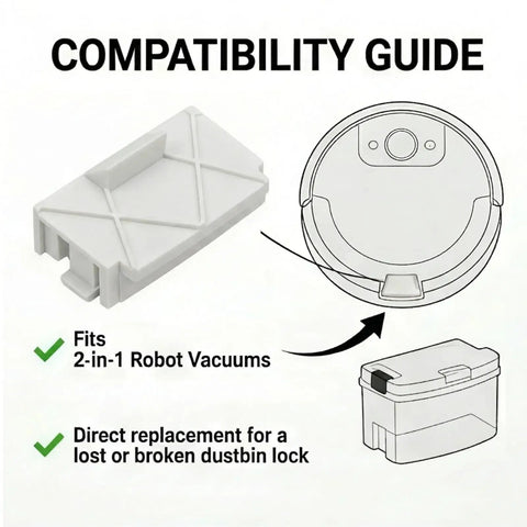 Compatibility guide for Dead Nuts Secure Dust Bin Clip For Robot Vacuum Replacement Latch, showing clip and robot bin.