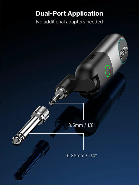Wireless Guitar System With 10 Channel Transmitter And Receiver featuring dual interface design for 6.35mm and 3.5mm gear.
