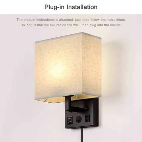 Close-up of black wall sconce with linen shade, featuring USB ports, outlet, part of Set Of 2 Black Plug In Wall Sconces With USB Charging Ports And AC Outlet Wall Mounted Bedside Lamps For Bedroom Or Living Room Easy Install Includes 2 Bulbs Dope Modern Home Decor, shown mounted with plug-in installation.