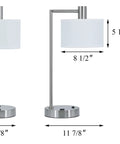Lit Brushed Nickel USB Desk Lamp With White Fabric Shade, 22 inches tall, metal base, dimensions and features shown.