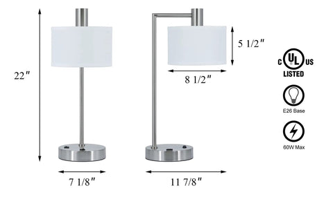 Lit Brushed Nickel USB Desk Lamp With White Fabric Shade, 22 inches tall, metal base, dimensions and features shown.