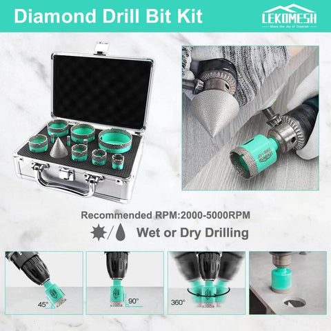 LEKOMESH Diamond Drill Bit Kit, 11pc tile hole saw set with turquoise bits in metal case