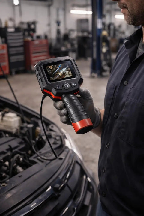 Mechanic using Clear View Borescope With 2.4 Inch LCD Screen And 8.5mm Waterproof Camera 38 Inch Flexible Cable for engine check