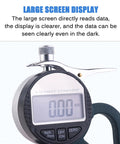 Close-up of Workhorse Thickness Gauge For Sponge, Paper, Cardboard And Foam Rubber Sheets, large LCD display, 0-12.7 mm range