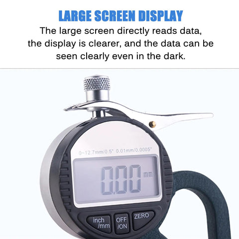 Close-up of Workhorse Thickness Gauge For Sponge, Paper, Cardboard And Foam Rubber Sheets, large LCD display, 0-12.7 mm range