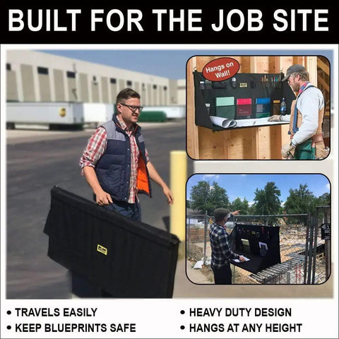 Heavy Duty Portable Standing Desk Workstation For Jobsite And Garage Use Folds Flat For Easy Storage Adjustable Height Hanging Work Surface Black Finish Perfect For Shop Or Office shown in use at job site with multiple setup examples.