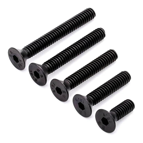 Assorted sizes of 50 Pieces M5 X 30mm Flat Head Socket Cap Screws Black Oxide Finish 10.9 Grade Alloy Steel Full Thread Bolts For Home Assembly And Automotive Projects Built To Last For DIY displayed.