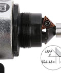 Mini pneumatic chamfering tool with replaceable blade insert; metal body, bearing, 45° bevel, 1.5 mm radius.