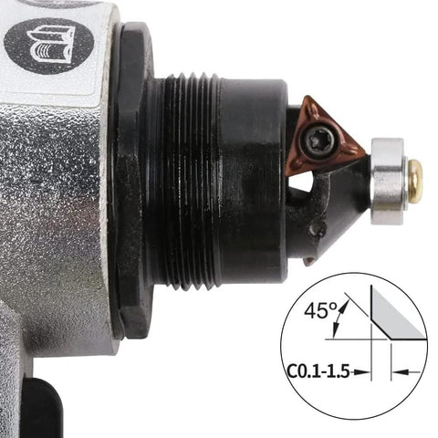 Mini pneumatic chamfering tool with replaceable blade insert; metal body, bearing, 45° bevel, 1.5 mm radius.