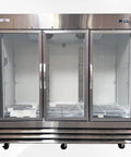 Heavy Duty Commercial Freezer Three Glass Doors Rugged Stainless Steel Exterior 65 Cubic Feet with nine shelves and glass front.