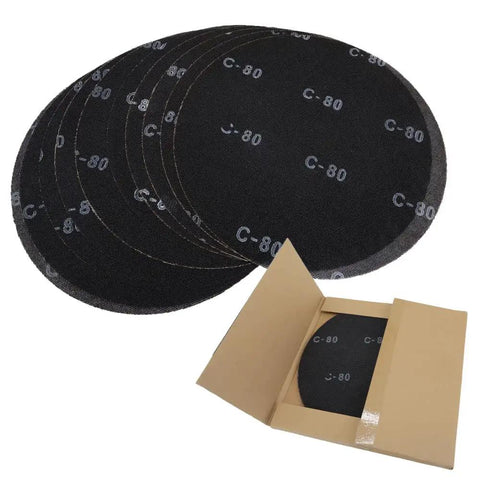 10 pack of 17 Inch Sanding Screen Discs 80 Grit For Wood Floors Silicon Carbide Mesh Black, stacked and displayed in open box