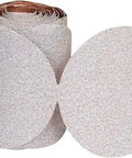 5 Inch Sanding Discs Set Of 6 With Pressure Sensitive Adhesive PSA Backing Heavy Duty P80 Grit No Fil Coating For Wood Metal Plastic Finishing Smooth Surfaces For DIY Projects showing round sandpaper discs and adhesive side.
