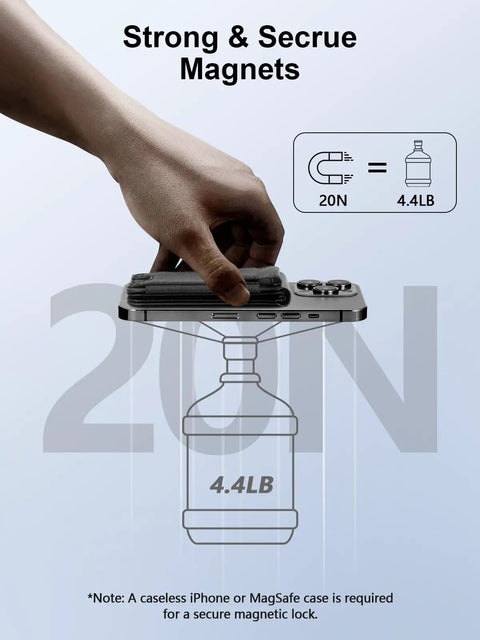 Hand holding Must Have MagSafe Wallet For iPhone With Find My on a scale showing 4.4LB magnetic strength, demonstrating secure grip.