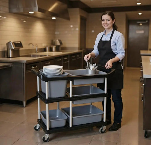 3 Tier Heavy Duty Utility Cart On Wheels With Removable Bins Mobile Storage Cart for kitchen with person holding utensils