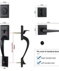 Oil Rubbed Bronze door handle set with keyed entry and dummy handle, detailed sizing for standard doors with right or left-hand options.