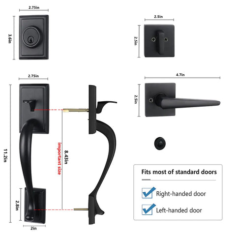 Oil Rubbed Bronze door handle set with keyed entry and dummy handle, detailed sizing for standard doors with right or left-hand options.