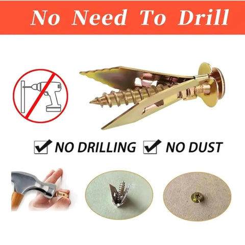 Heavy Duty No Drill Drywall Anchors Kit With Metal Expansion Screws, 50 Pcs, self-tapping zinc-plated anchors shown installed